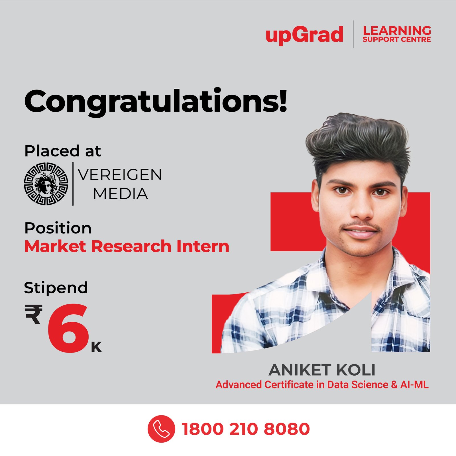 Aniket Koli placed at Vereigen Media as a Market Research Intern with a stipend of 6K